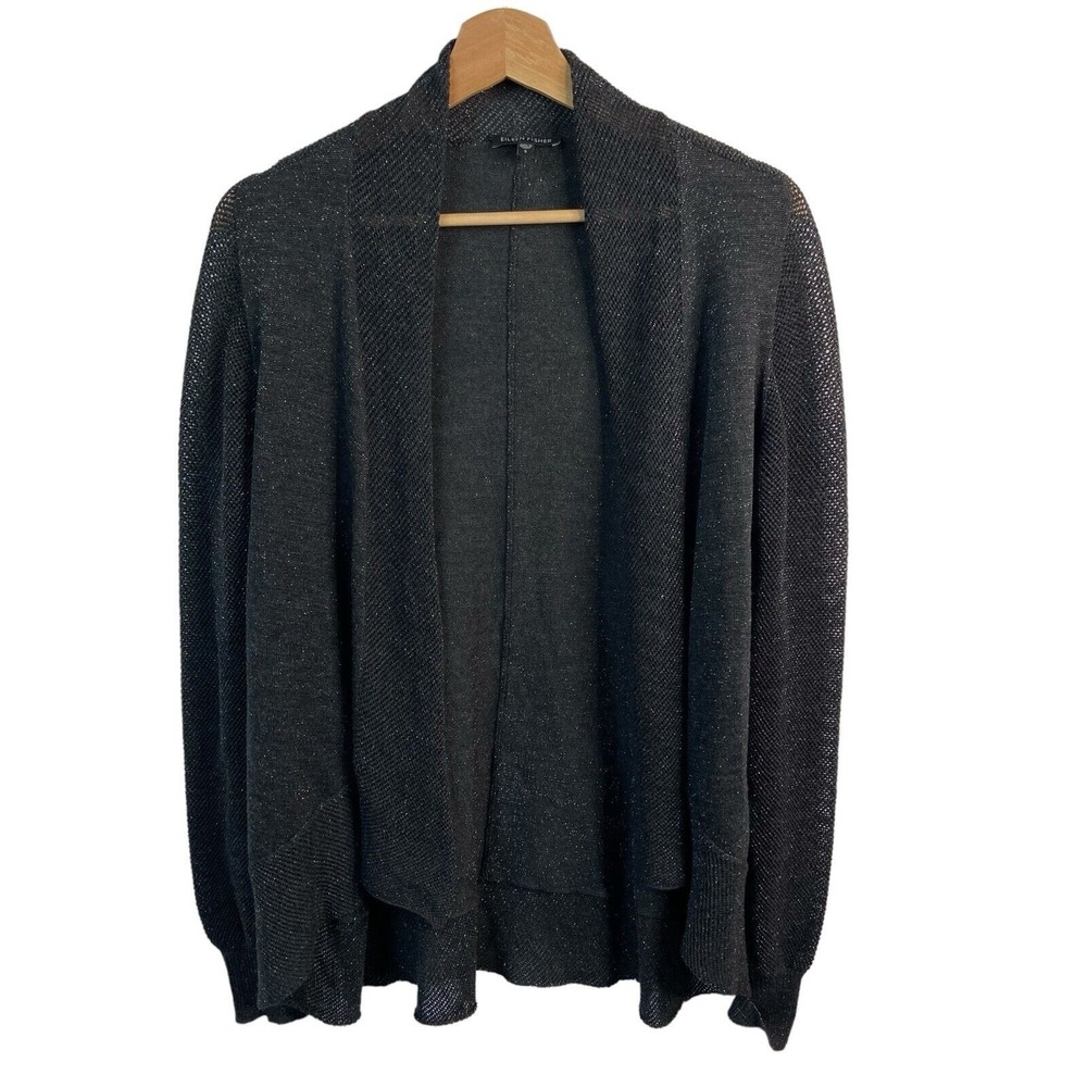 Eileen Fisher Cardigan Sweater Sz Small Black wool metal‎ Merino Wool Metallic